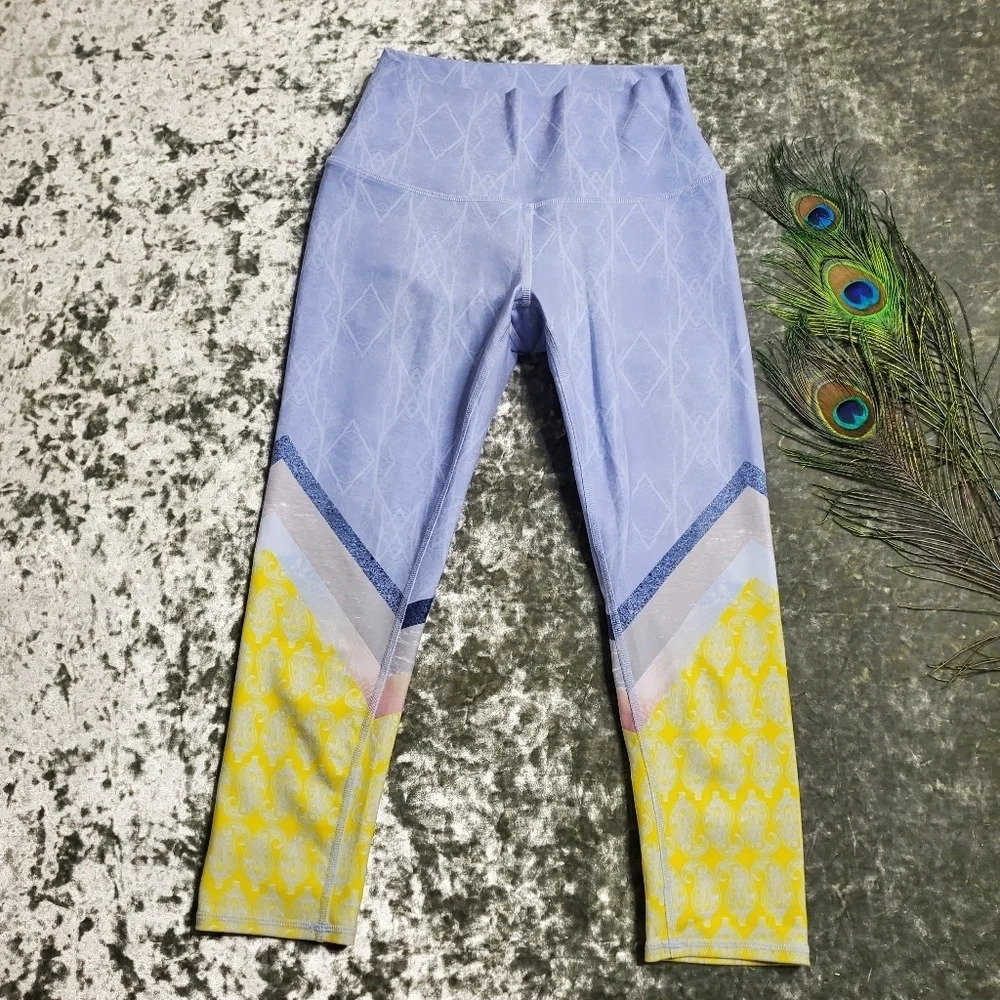 Alo Yoga Blue/Yellow Airbrush Tree Lace Sky Leggings